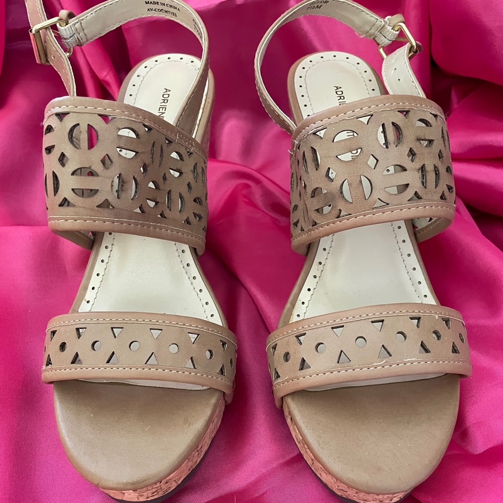 Tan Leather Cork Wedge w/Cut-outs and Ankle Straps